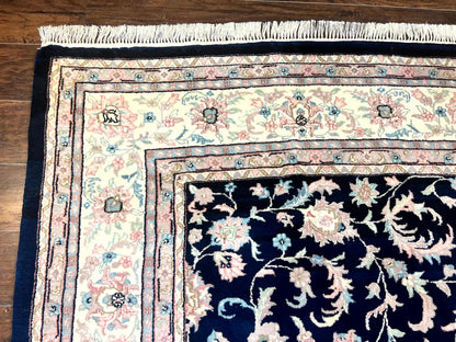 Indo Persian Rug 9x12, Navy Blue and Ivory/Cream, Floral Allover, Wool Vintage Handmade Carpet