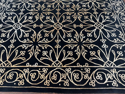 Tibetan Rug 8x10, Wool and Silk, Raised Pattern, Black and Gold, Floral