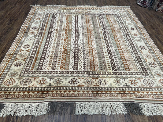 Striped Turkish Anatolian Rug 6x7 Almost Square Shaped Carpet Handmade Vintage Oriental Rug, Living Room Rug, Neutral Colors Cream, Wool Rug