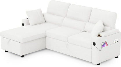 Pull Out Convertible Sofa Bed With Hidden Storage Teddy White