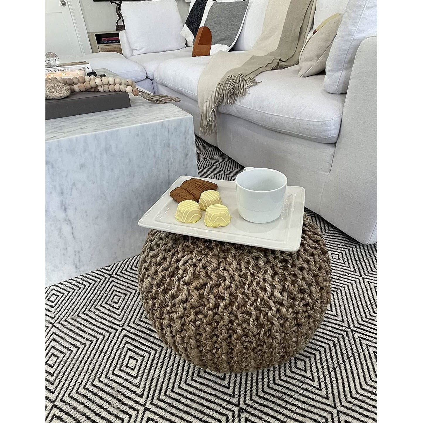 Natural Jute Braided Pouf Ottoman 14 Inch Footrest