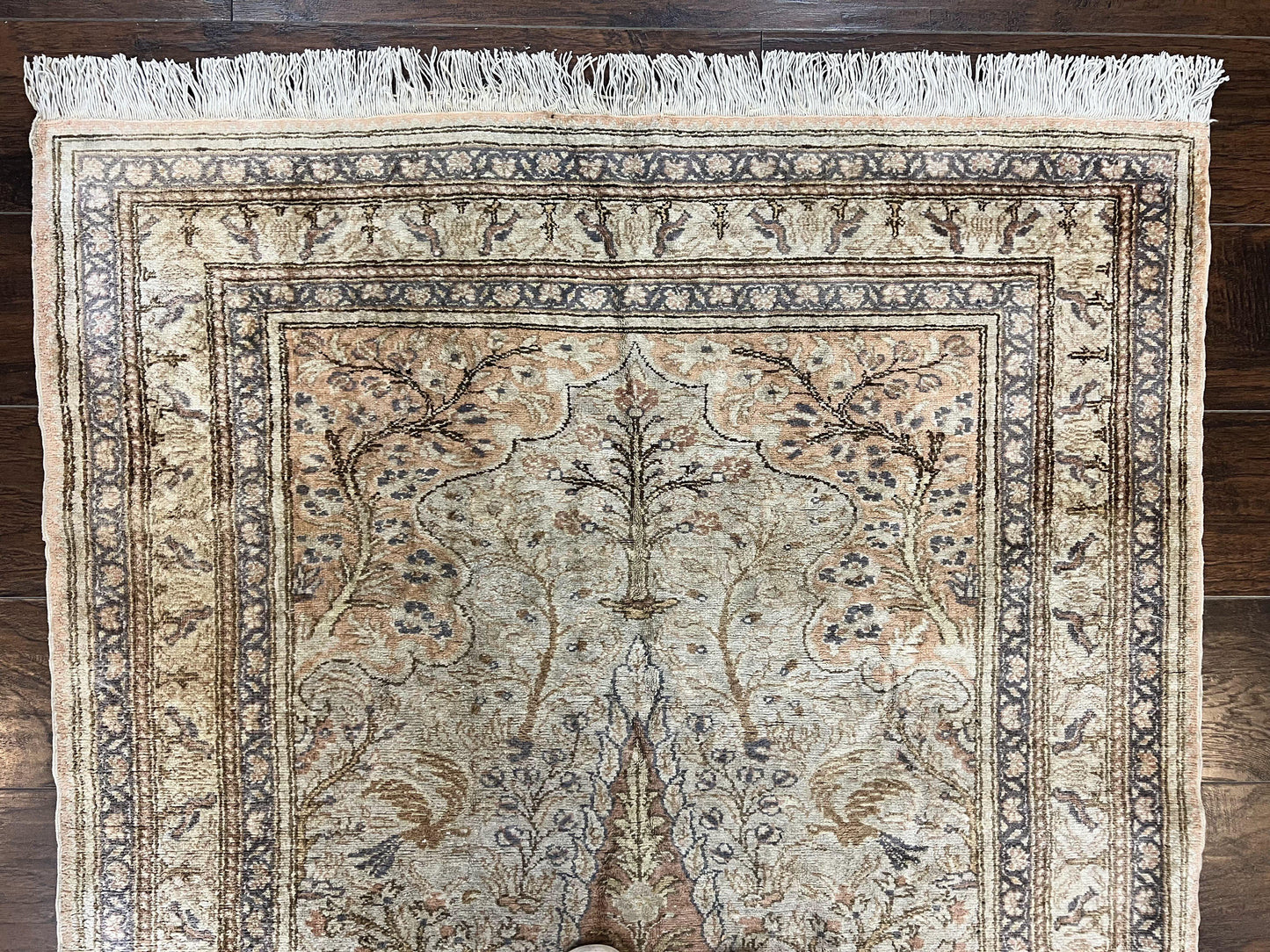 Turkish Kayseri Silk Rug 4x6, Tree of Life Pattern, Vintage Handmade Hand Knotted Carpet, Animal Pictorials, Birds