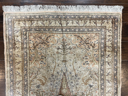 Turkish Kayseri Silk Rug 4x6, Tree of Life Pattern, Vintage Handmade Hand Knotted Carpet, Animal Pictorials, Birds