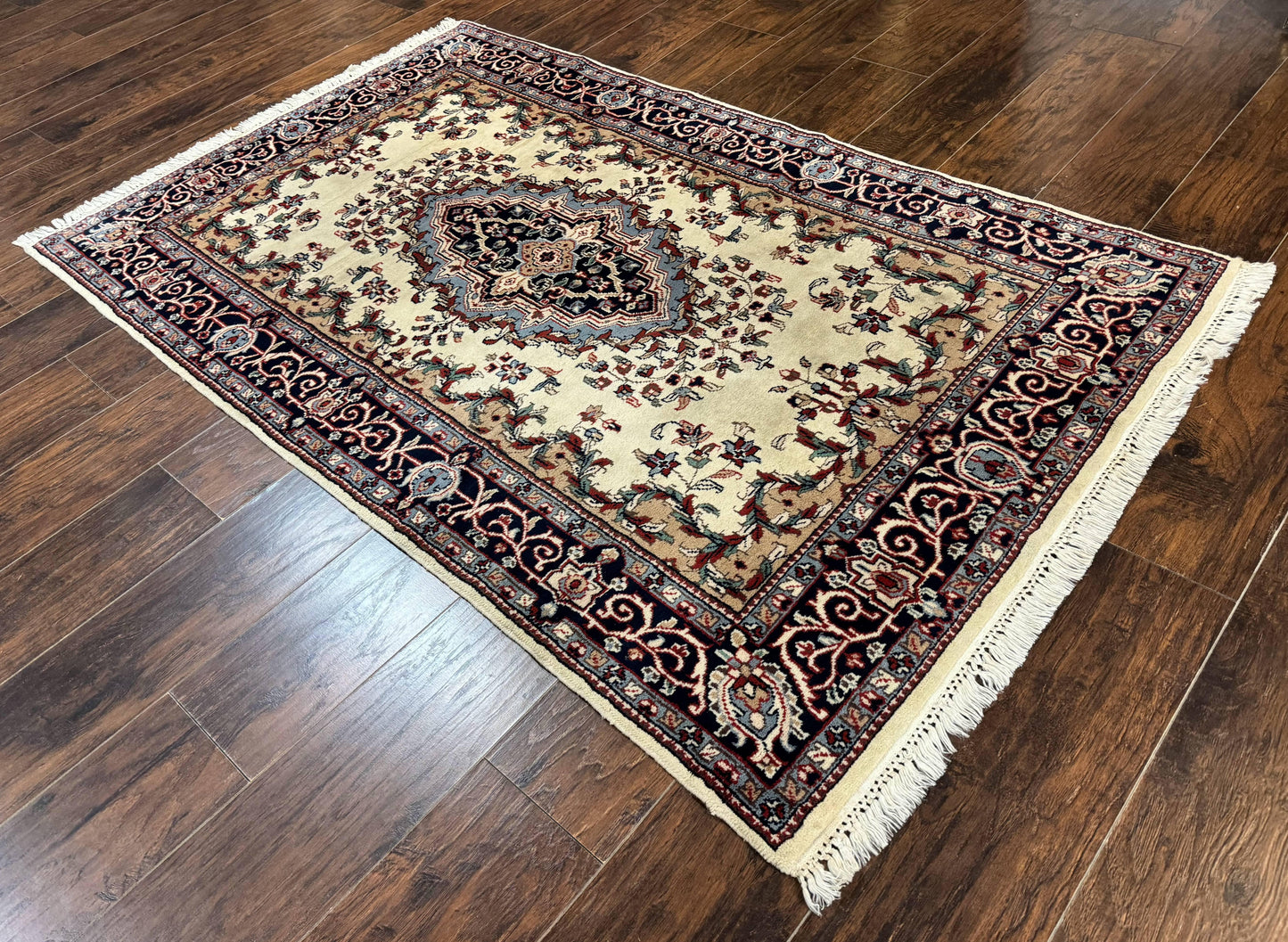 Indian Kashmiri Rug 4x6, Ivory Beige Navy Blue, Traditional Indo Persian Rug
