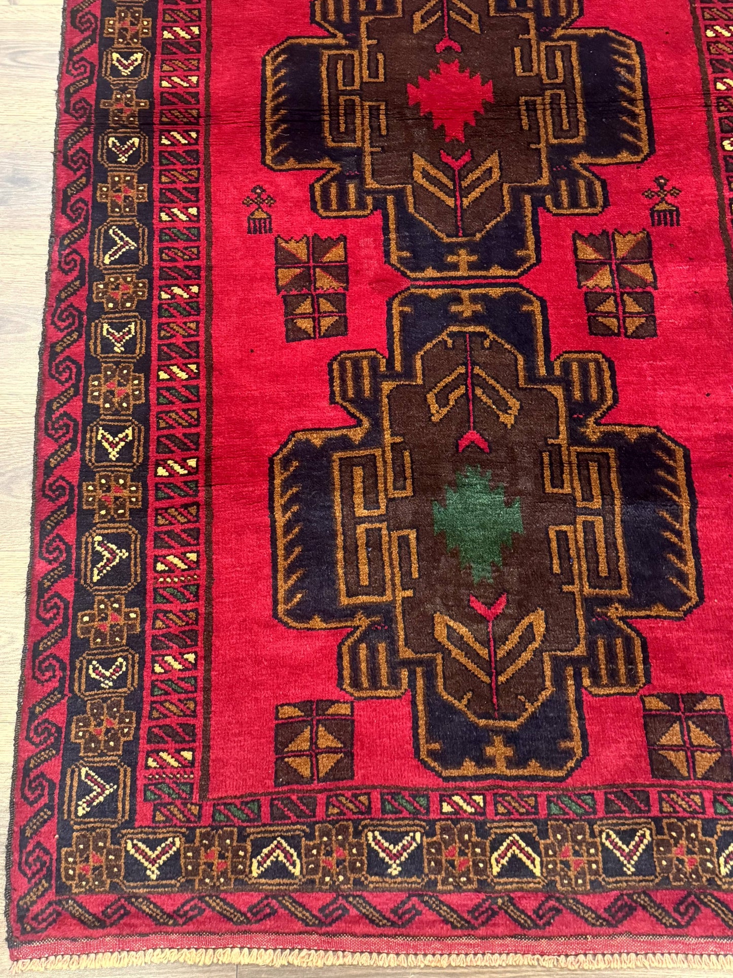 Red Afghan Balouch Rug 4x7, Triple Medallions, Handmade, New