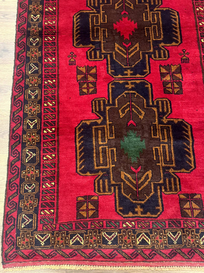 Red Afghan Balouch Rug 4x7, Triple Medallions, Handmade, New