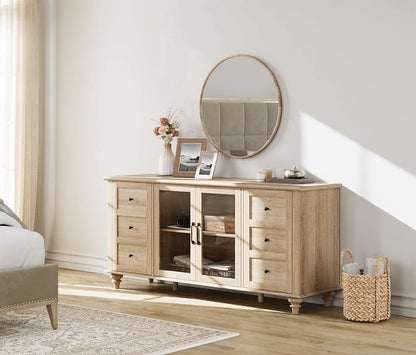 Oak Glass Door Farmhouse TV Stand For 75 Inch TVs Console