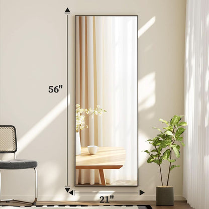 Full Length Standing Mirror 56x21 Black Aluminum Frame Tempered Glass