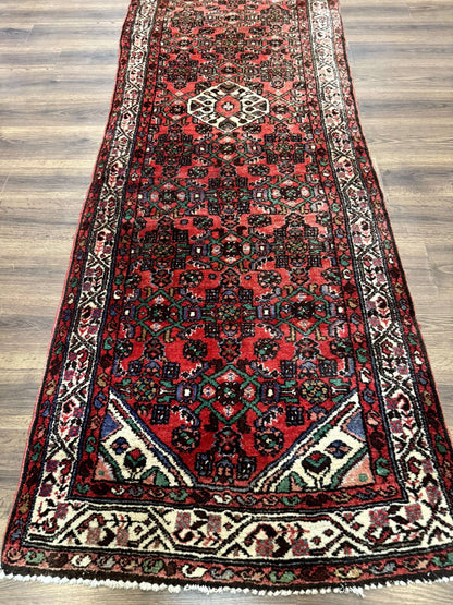 Persian Runner Rug 3x10, Wool Hand Knotted Hallway Rug 3 x 10 ft, Red and Ivory, Hamadan Angelas Runner