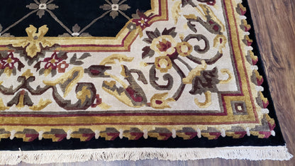 Nepal Rug 6x9, New Aubusson Nepalese Tibetan Carpet 6'1" x 8' 8", Hand-Knotted Wool, Unused, Black & Cream, Savonnerie Pattern, Soft Pile
