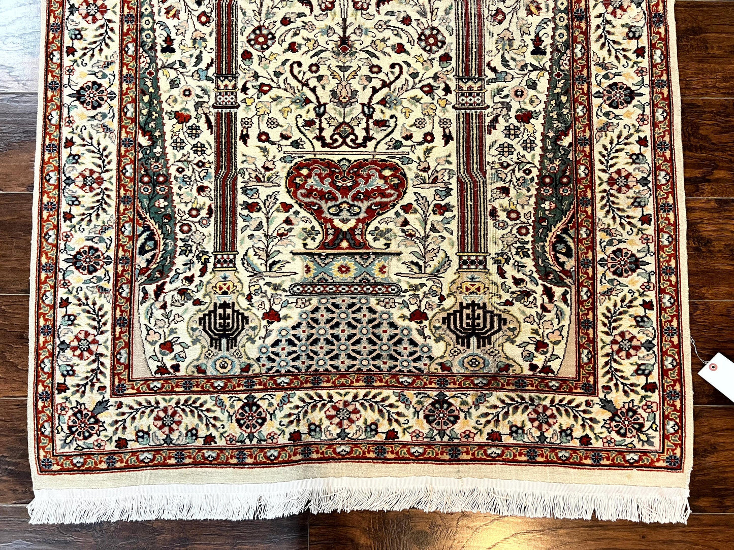 Pak Perisan Prayer Rug 4x6, Tree of LIfe Carpet, Handmade Vintage Wool Rug, Beige, Floral Vases