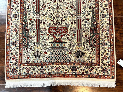 Pak Perisan Prayer Rug 4x6, Tree of LIfe Carpet, Handmade Vintage Wool Rug, Beige, Floral Vases