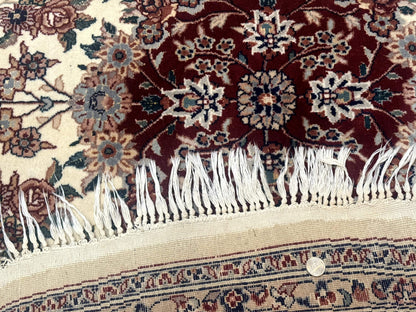Round Sino Persian Rug 8x8, Wool and Silk, Floral Medallion, Ivory Dark Red