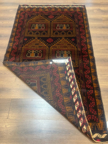 Afghan Rug 3x7, Navy Blue, Tribal Rug, Balouch Carpet, New