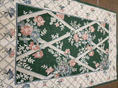 3' 6" X 5' 6" Hand Stitched Indian Wool Rug with Backing Green Beige