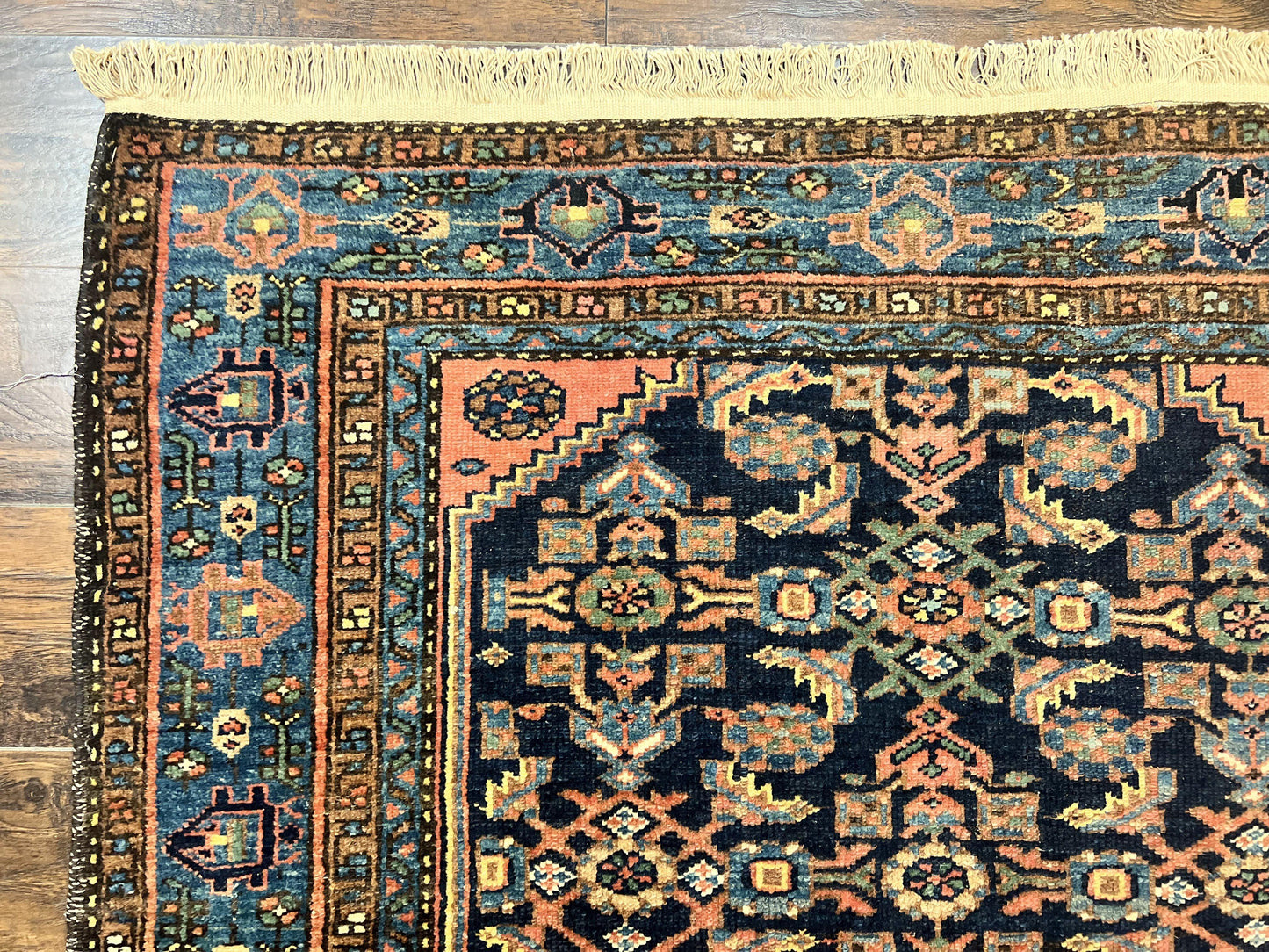 Antique Persian Tribal Rug 5x7, Navy Blue & Pink, Hand Knotted Handmade 1920s Wool Rug, Allover Pattern, Persian Hamadan Rug