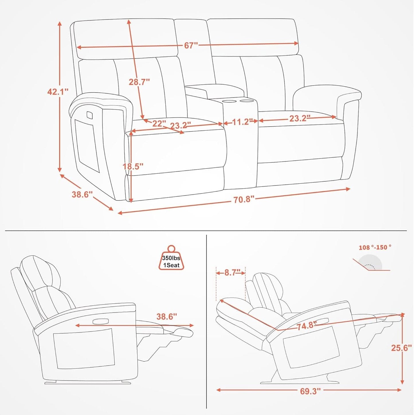 Mocha Power Recliner Loveseat With Massaging For Living Room Comfort