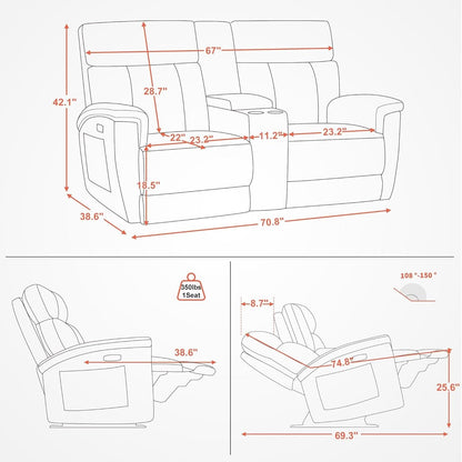 Mocha Power Recliner Loveseat With Massaging For Living Room Comfort