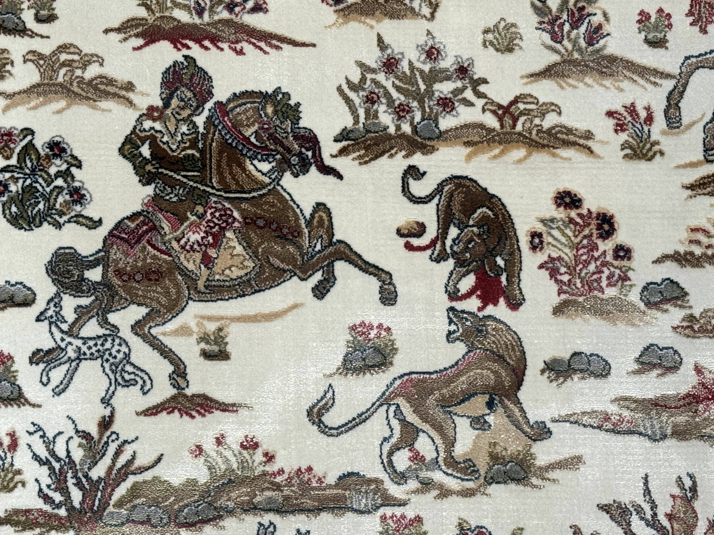 Turkish Silk Hunting Scene Rug 4x6, Ivory, Bamboo Silk, New
