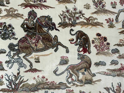 Turkish Silk Hunting Scene Rug 4x6, Ivory, Bamboo Silk, New