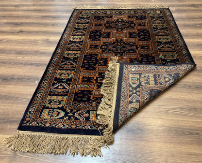 Vintage Afghan Rug 4x6, Navy Blue and Light Brown, Geometric Medallions, Wool on Wool, Tribal Rug
