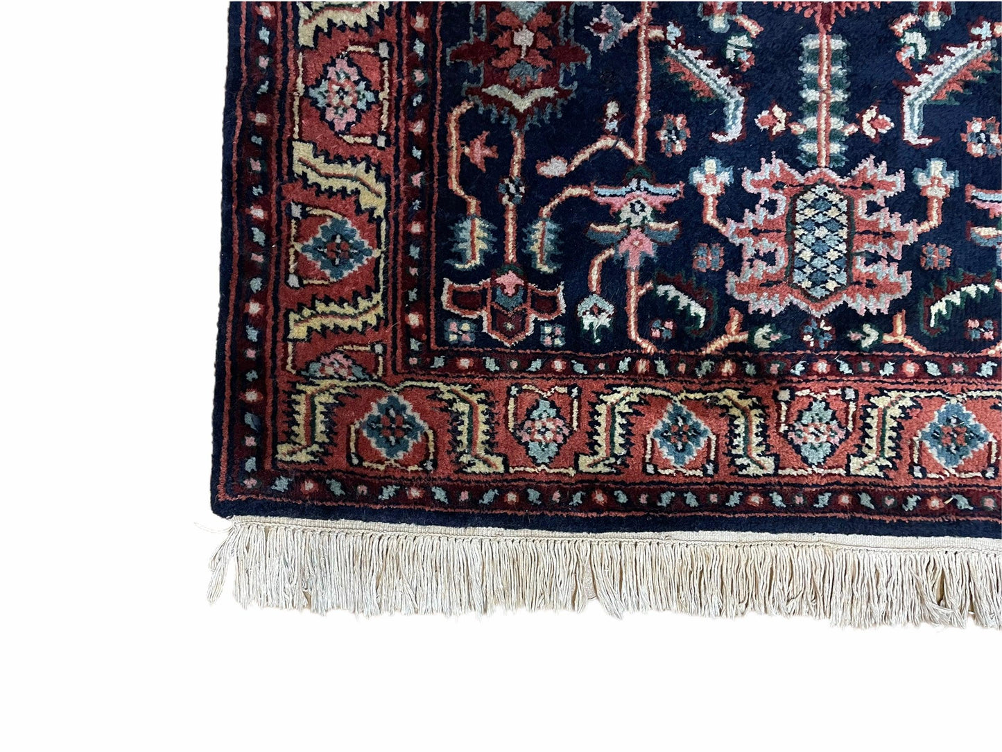 4x6 Vintage Handmade Wool Geometric Rug Organic Dyes Blue Red Hand-Knotted Rug