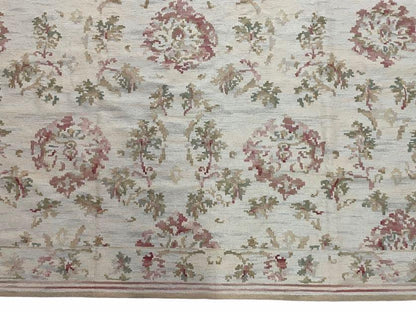 9x12 Flatweave Aubusson Needlepoint Rug, New, Beige, Tan, Green, Handmade, Hand-Knotted Area Rug, French European Carpet, Flowers