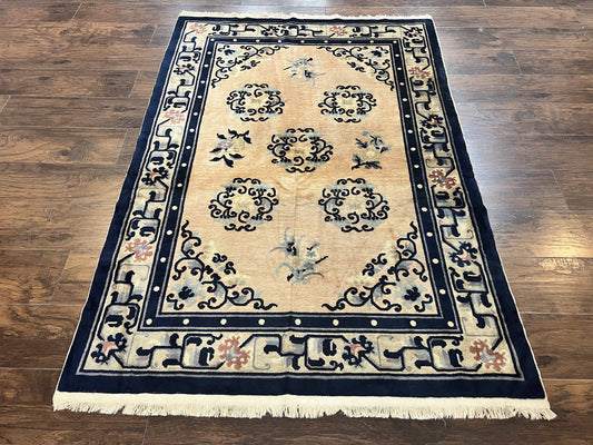 Chinese Peking Rug 4x6, Wool Hand Knotted Handmade Vintage Semi Antique Carpet, Semi Open Field, Light Peach & Navy Blue, Art Deco Rug