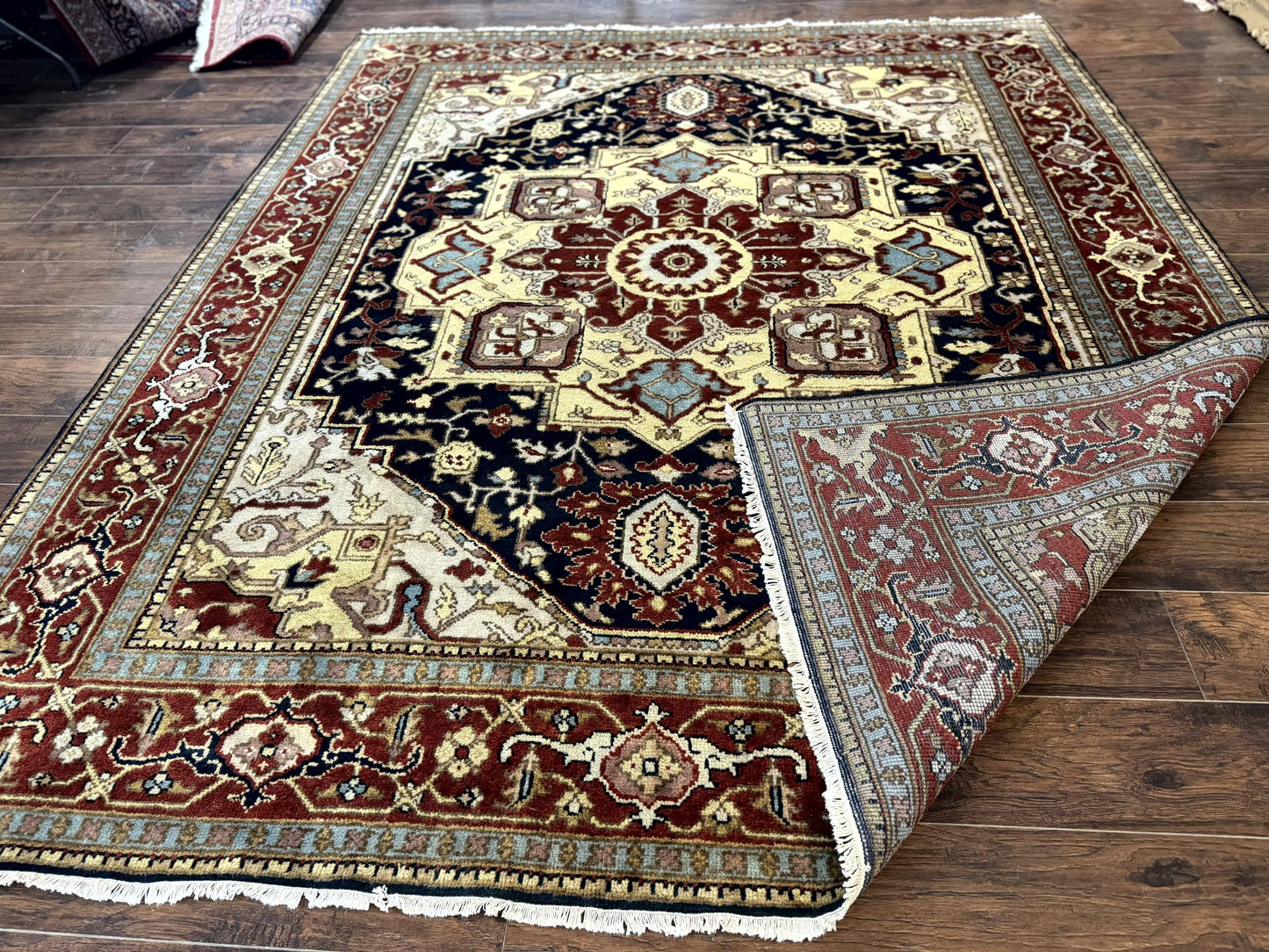 Indo Persian Heriz Rug 8x10, Geometric Medallion, Serapi Carpet, Wool Vintage Rug