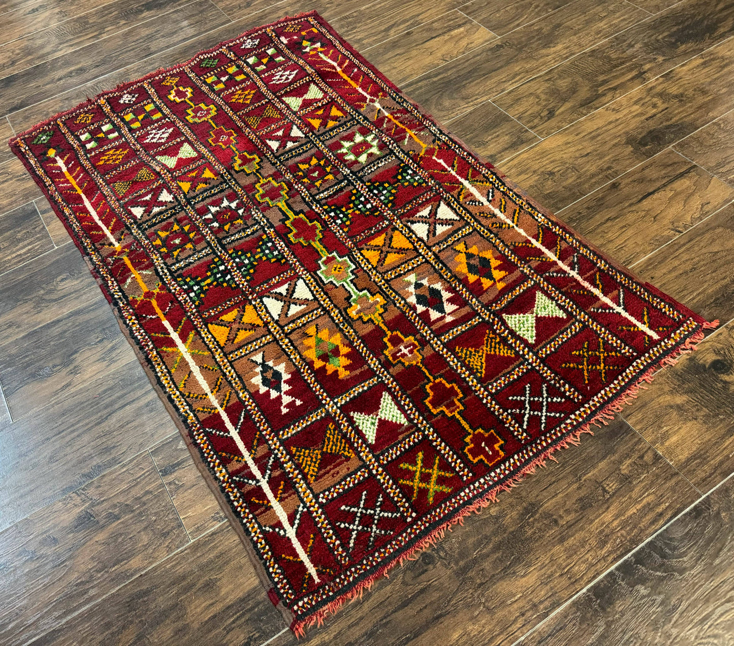 Moroccan Berber Tribal Rug 3x5, Geometric Area Rug, Red Orange Brown