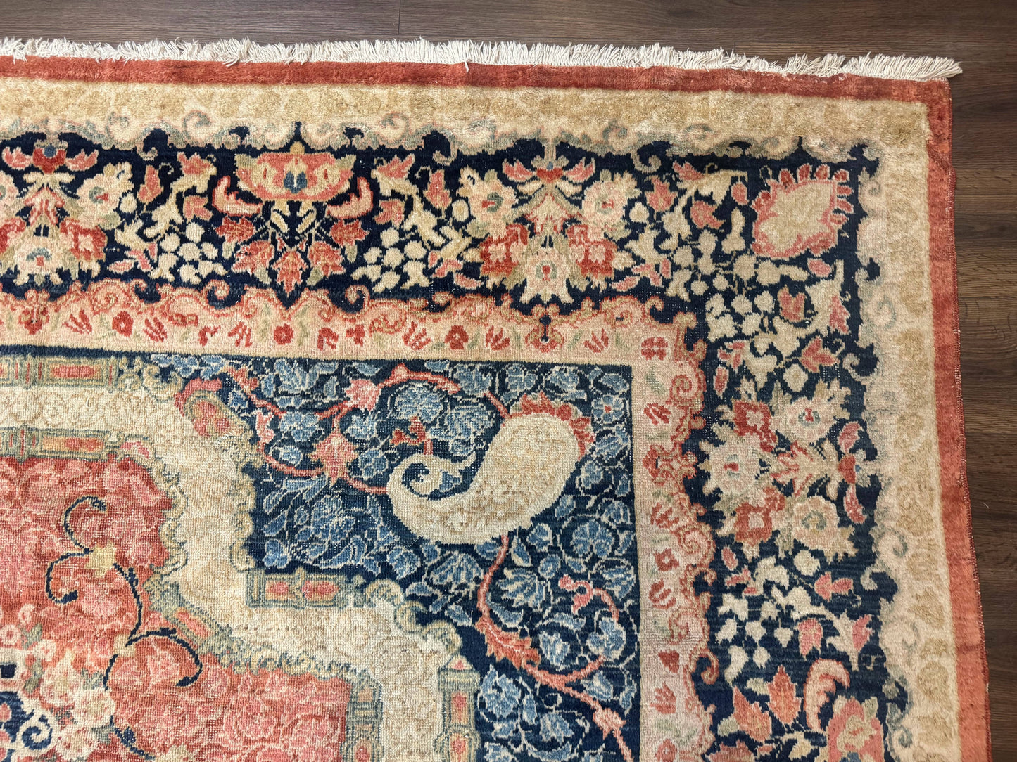 Antique Persian Sarouk Rug 9x12, Boteh Paisleys, Light Red Navy Blue