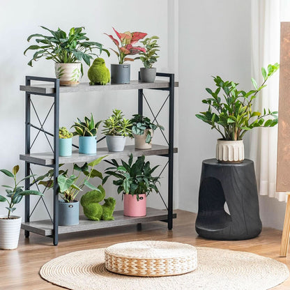 Three Tier Industrial Bookshelf With Rustic Open Metal Frame