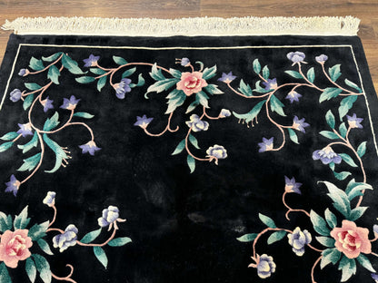 Chinese Wool Rug 6x9, Black, Floral, Minimal Design, 90 Line Carpet, Vintage Art Deco Rug