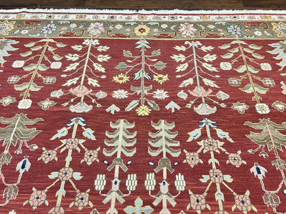Indian Rug 10x14, Wool Hand Knotted Flatweave Carpet, Tree of Life, Red and Green