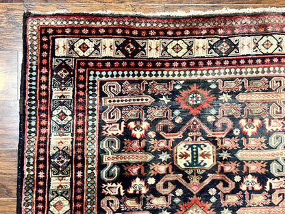 Persian Wide Runner Rug 4.8 x 10, Persian Kalegi Ardabil Rug, Perpedil Caucasian Rug, Antique Handmade Wool Carpet, Navy Blue Red, Tribal Rug