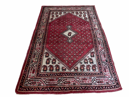 4 X 6.5 Antique Handmade Wool Rug Paisley Boteh Design Tribal Rug Red Ivory