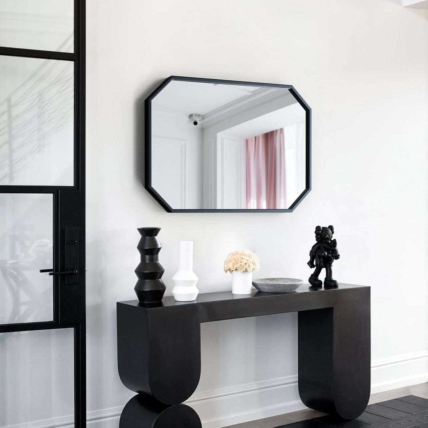 Octagon Black Wall Mirror 20x28 Metal Framed Wall Mounted