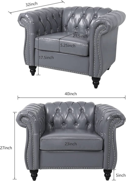 Grey Chesterfield Leather Living Room Set With Scroll Arms