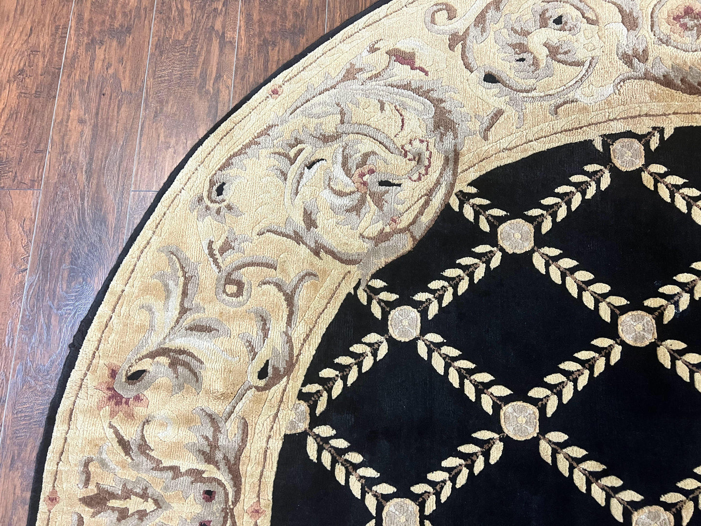 Oval Tibetan Rug 8x10, French Aubusson Design, Wool Handmade Vintage Carpet, Black & Beige, Soft Wool Pile