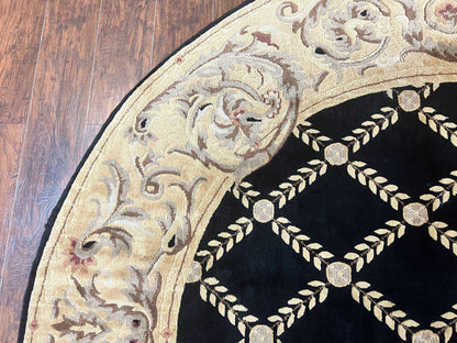 Oval Tibetan Rug 8x10, French Aubusson Design, Wool Handmade Vintage Carpet, Black & Beige, Soft Wool Pile
