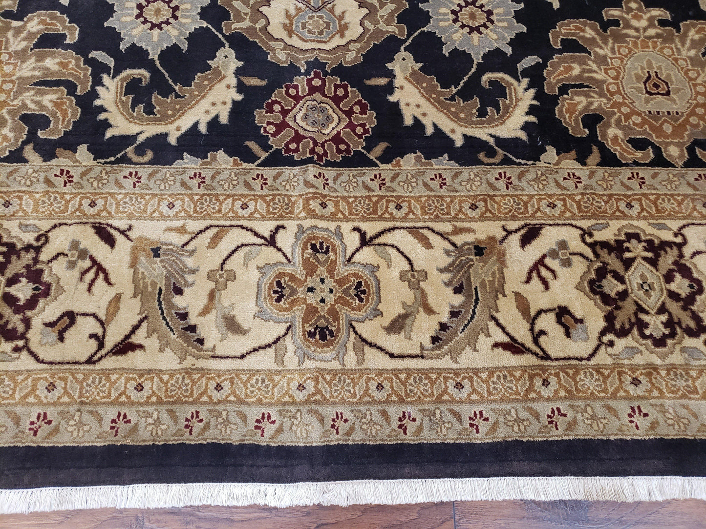 Indo Mahal Rug 8x12, Indian Sultanabad Handmade Area Rug, Vintage Hand-Knotted Wool Black Floral Traditional Oriental Dinning Room Rug