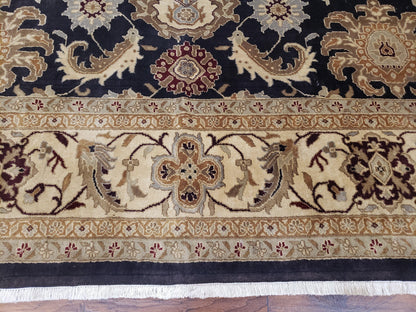 Indo Mahal Rug 8x12, Indian Sultanabad Handmade Area Rug, Vintage Hand-Knotted Wool Black Floral Traditional Oriental Dinning Room Rug