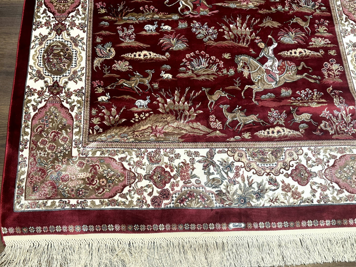 Turkish Silk Hunting Design Rug 4x6, Dark Red & Ivory, Bamboo Silk, New