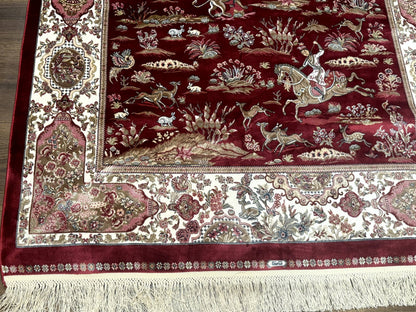 Turkish Silk Hunting Design Rug 4x6, Dark Red & Ivory, Bamboo Silk, New