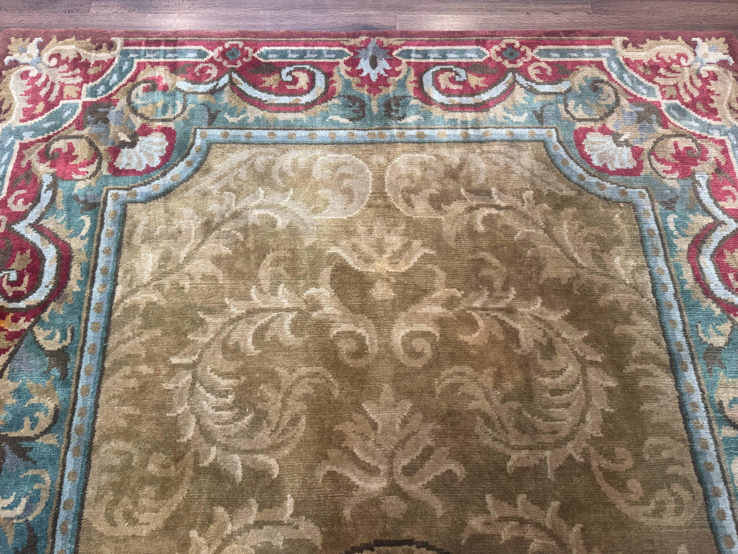 Tibetan Aubusson Rug 6x9, Gold-Beige, Soft Wool Pile, Handmade