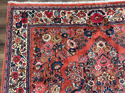 Persian Sarouk Rug 7x10, Red and Ivory, Floral Bouquets, Birds