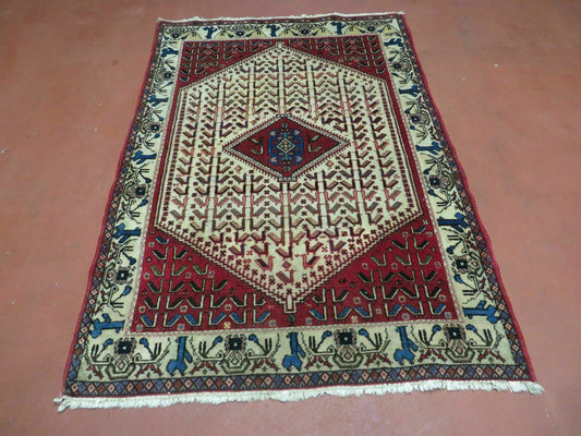 3' X 5' Vintage Handmade India Geometric Oriental Wool Rug Nice Birds Ivory Red