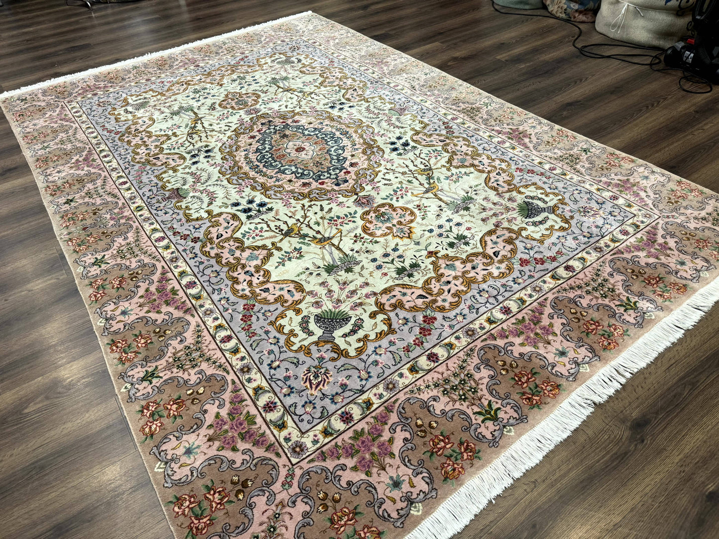 Wonderful Persian Tabriz Rug 7x10, Very Fine 330 KPSI, Light Green Light Blue Pink, Kork Wool Silk Foundation, Bird Pictorials