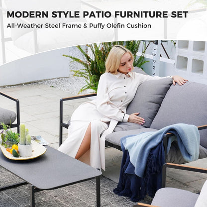 4 Piece Patio Outdoor Furniture Set With Modern Metal Sofa And Coffee Table