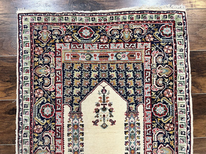 Turkish Prayer Rug 2.5 x 4, Vintage Wool Hand Knotted Carpet, Ivory
